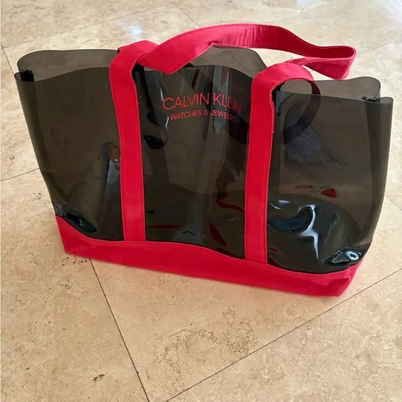Calvin Klein Black Patent Tote with Red Handles and Base - Picture 2 of 7